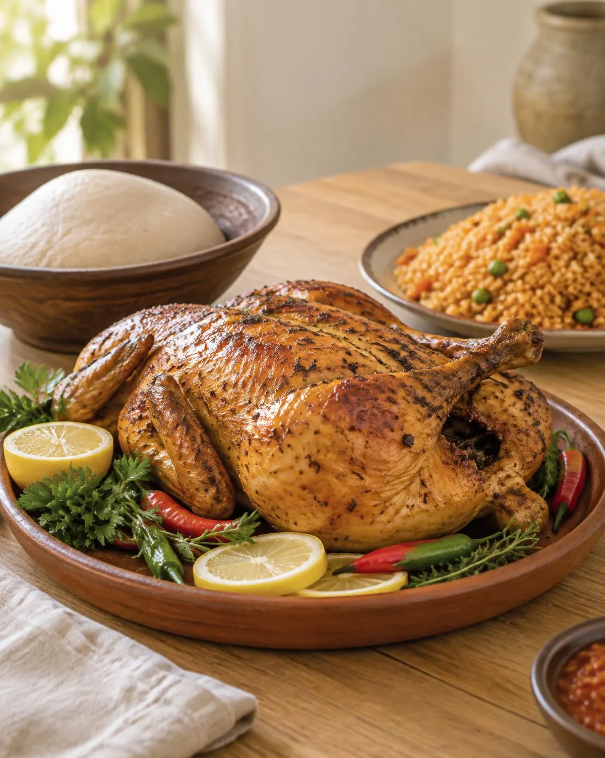Frango assado servido com funge e arroz, sugestão de apresentação