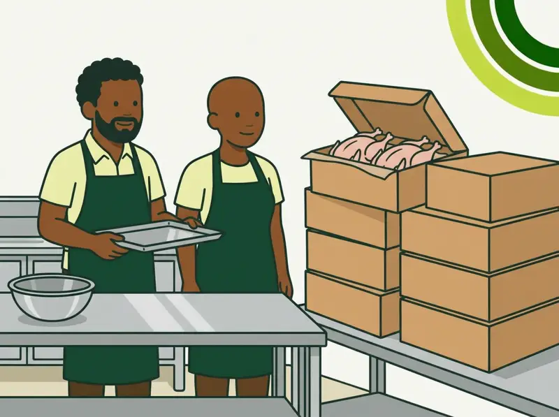 Dois cozinheiros numa cozinha profissional com caixas de frango