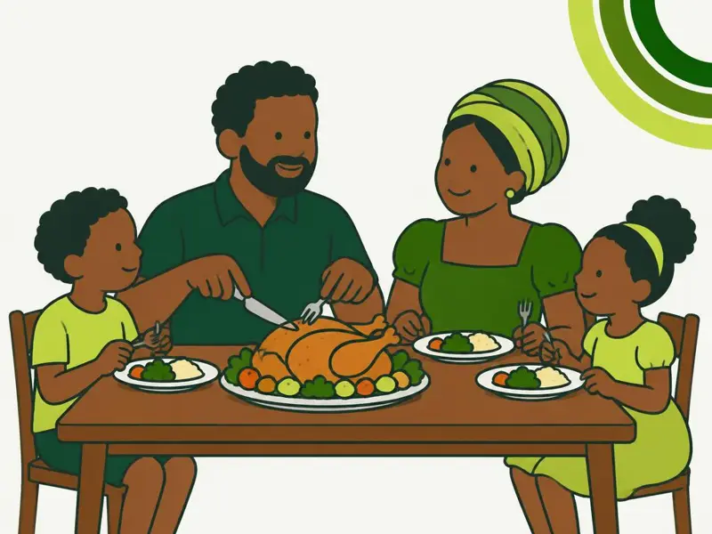 Família à mesa a partilhar um frango assado