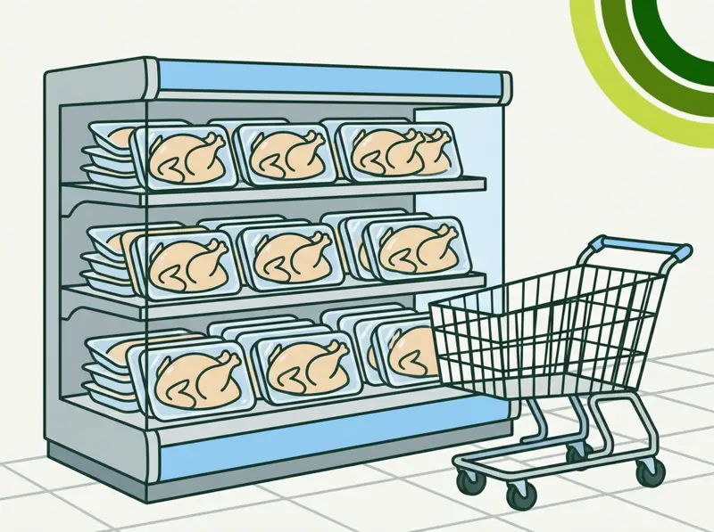 Prateleira refrigerada com frangos embalados