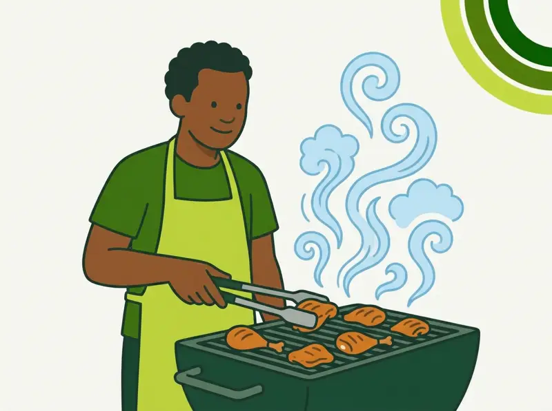Cozinheiro a virar frangos na grelha